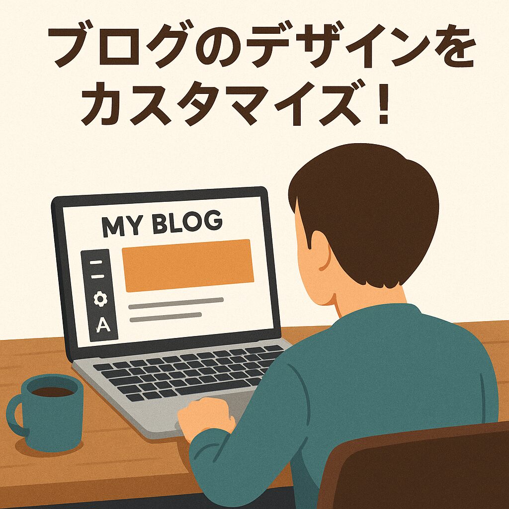パソコンでブログのデザインをカスタマイズする東アジア人の若者の後ろ姿