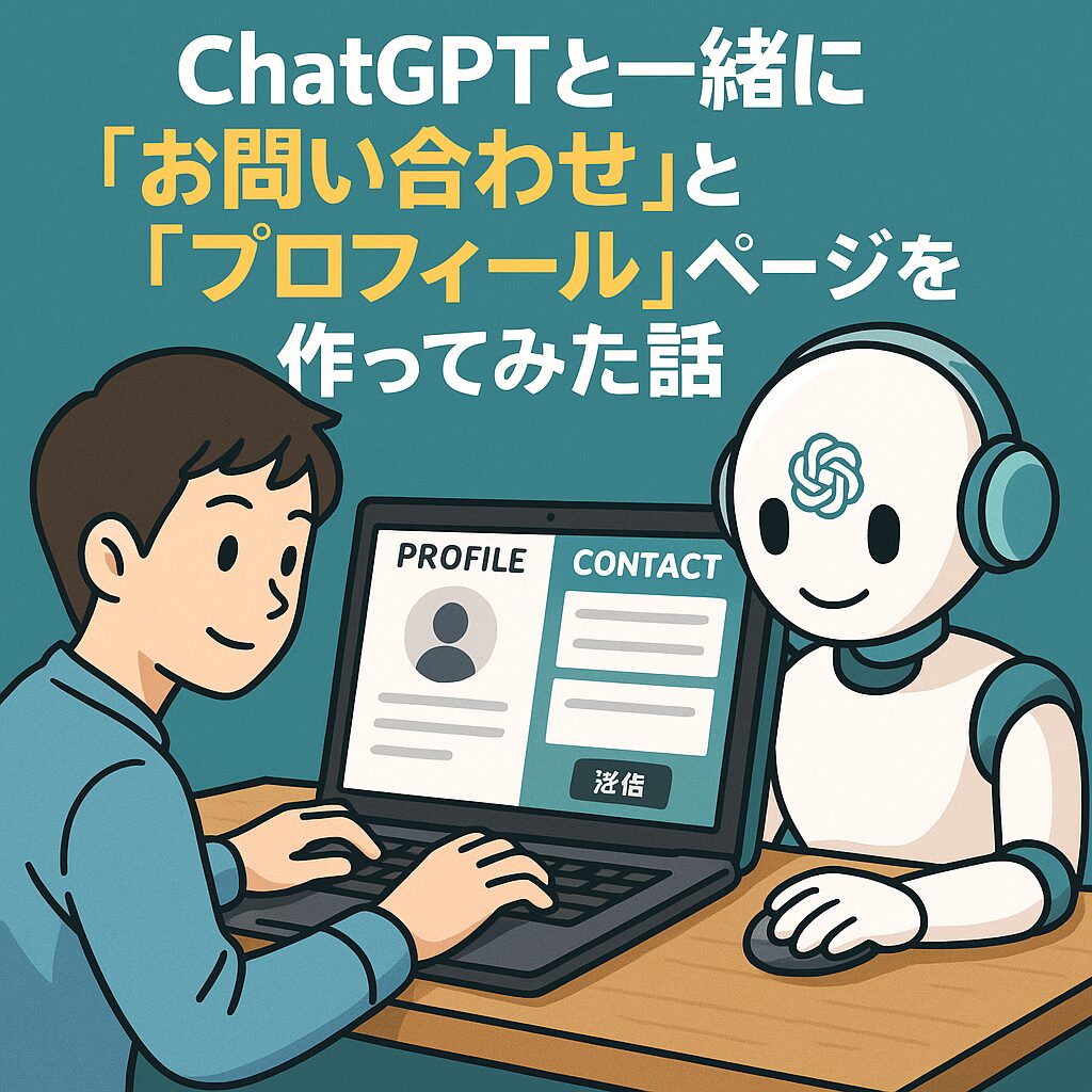 お問い合わせフォームとプロフィール画面が表示されたノートパソコン